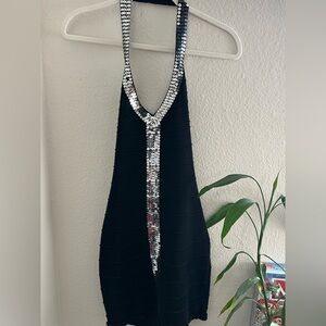 Cool Attitudes Y2K Vintage halter bandage dress black with silver sequin trim